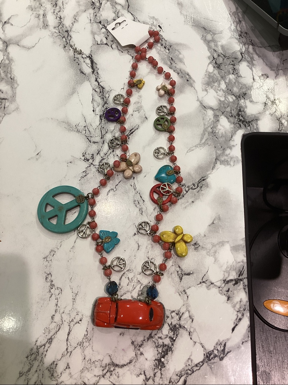 Boho Multi-Color Peace Sign and Flower Beaded Necklace With Antique VW Beetle